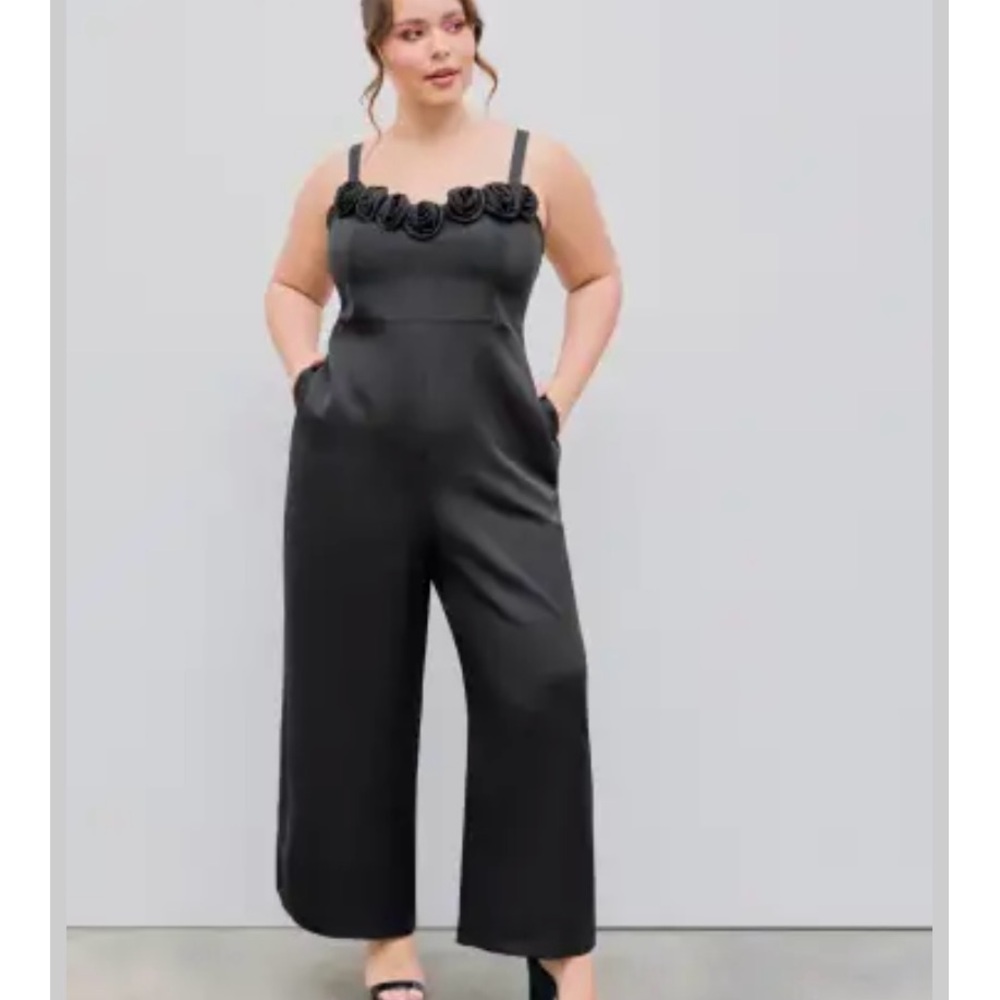 Cider Black Wide-Leg Jumpsuit with Rosette Trim
